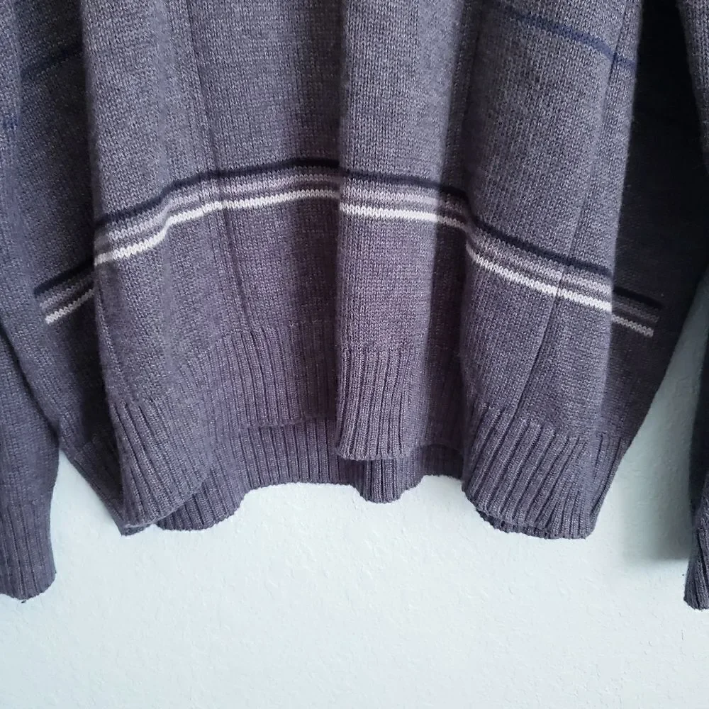 Oscar De La Renta Gray Stripped Quarter Zip Pullover Cotton Sweater